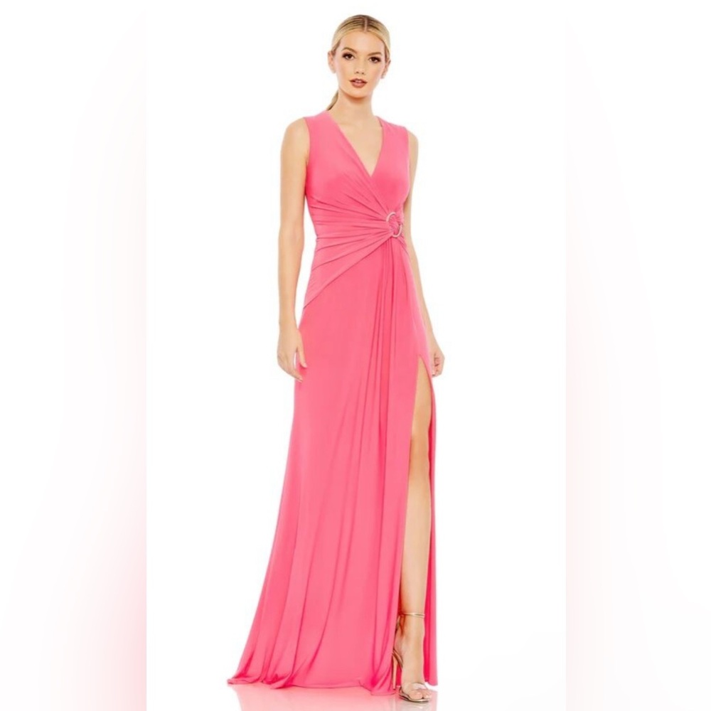 Mac Duggal Pink Sleeveless V-Neck Maxi Gown with Side Slit